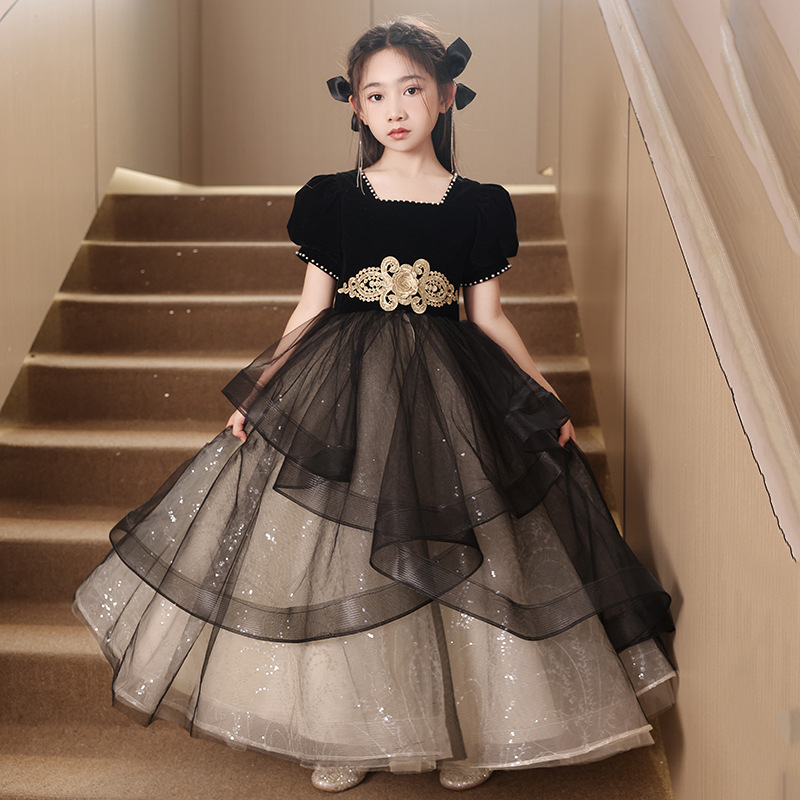 儿童礼服公主裙女童晚礼服轻奢小众高端黑色主持人钢琴演奏