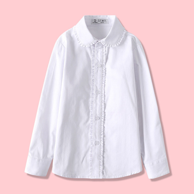 女童白衬衫长袖中大童表演出服小学生蓝色校服儿童纯棉衬衣粉批发