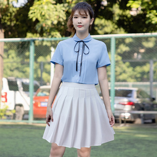 蝴蝶结短袖衬衫校服女裙套装2023夏季学院风幼师装雪纺上衣短裙
