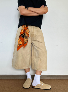 SLOWBAND美式复古巴恩风做旧磨边洗水直筒宽松休闲七分裤男女vibe