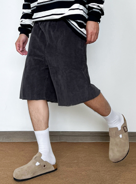 SLOW BAND美式休闲简约松紧腰灯芯绒宽松毛边短裤男女直筒五分裤