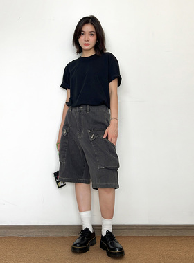 SLOWBAND 美式复古vintage洗水做旧多口袋工装牛仔短裤宽松五分裤