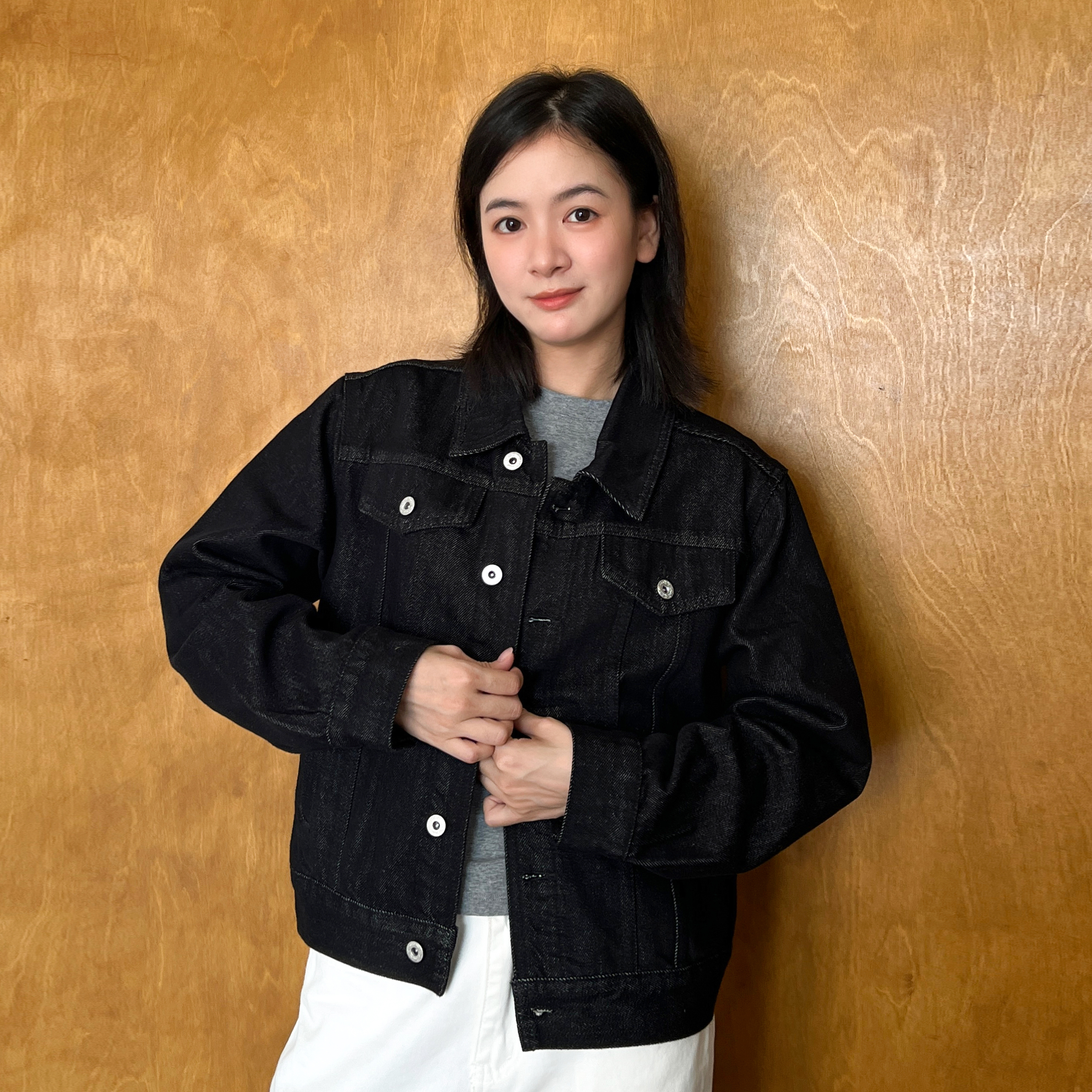 美式短宽正肩黑色牛仔夹克外套