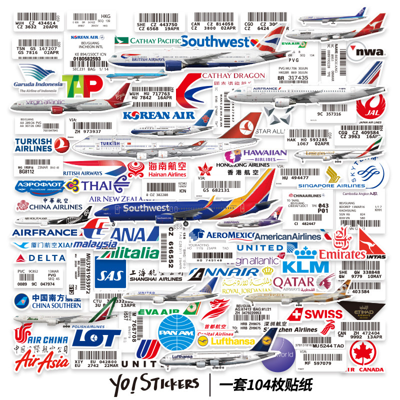 104枚贴纸航空飞机托运贴行李箱贴纸 笔记本电脑文具盒手工贴画