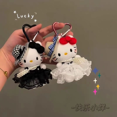赫本风kitty猫包包挂件精致出游草帽可爱毛绒公仔玩偶钥匙扣挂饰