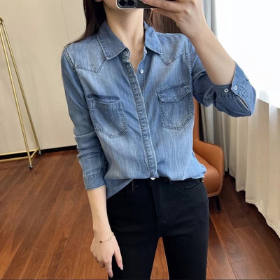 天丝牛仔衬衫女长袖薄款衬衣 23年秋季小个子修身莱赛尔暗扣衬衫