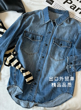 级感！韩系复古水洗蓝色双色扣牛仔衬衫简约休闲风百搭款2023秋