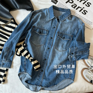 2023秋 简约休闲风百搭款 级感 韩系复古水洗蓝色双色扣牛仔衬衫