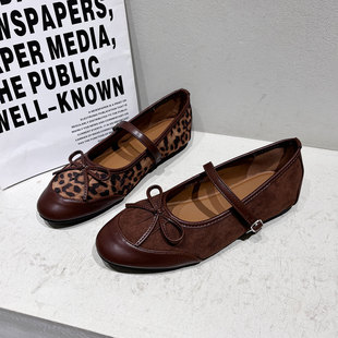 法式豹纹蝴蝶结一字带玛丽珍单鞋2025新款平底舒适软底浅口豆豆鞋