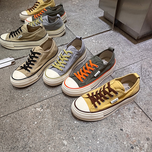 EOS休闲厚底帆布鞋女系带拼色低帮板鞋透气百搭学生鞋