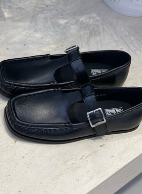 MEMA真皮搭扣乐福鞋女黑色圆头休闲平底鞋百搭豆豆鞋