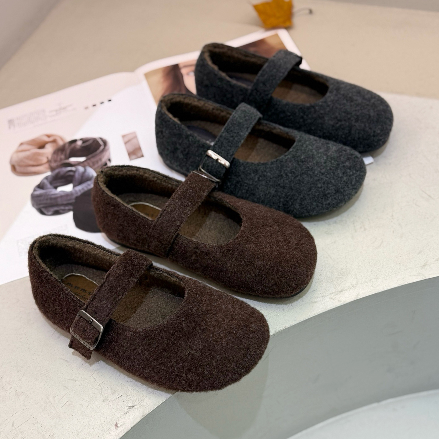 毛毡加绒玛丽珍鞋女一脚蹬豆豆鞋