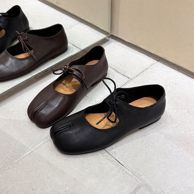 头层牛皮玛丽珍分趾浅口猪蹄鞋