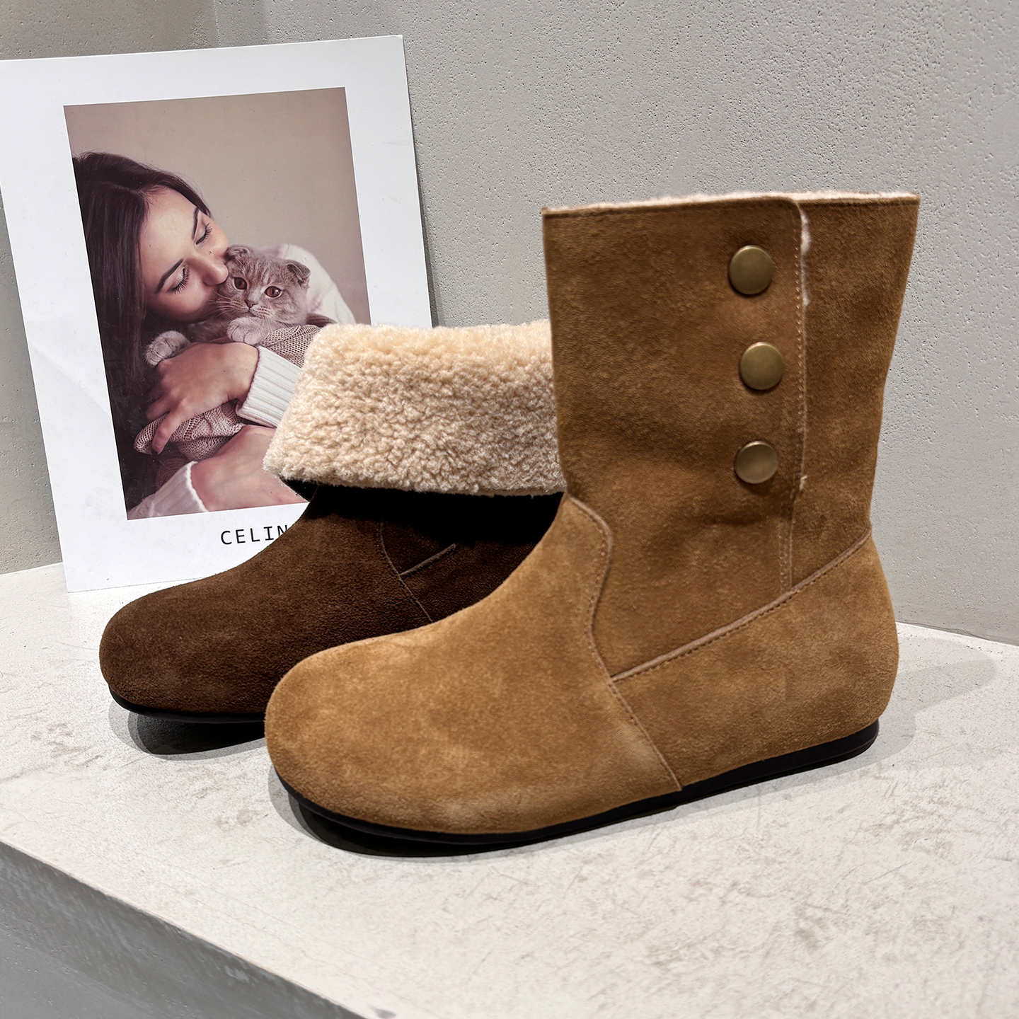 真皮两穿羊羔毛厚底雪地靴套筒