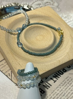 格物《蓝绿极简风》海蓝宝+仿玉东宝米珠 戒指 手链 温柔极简风
