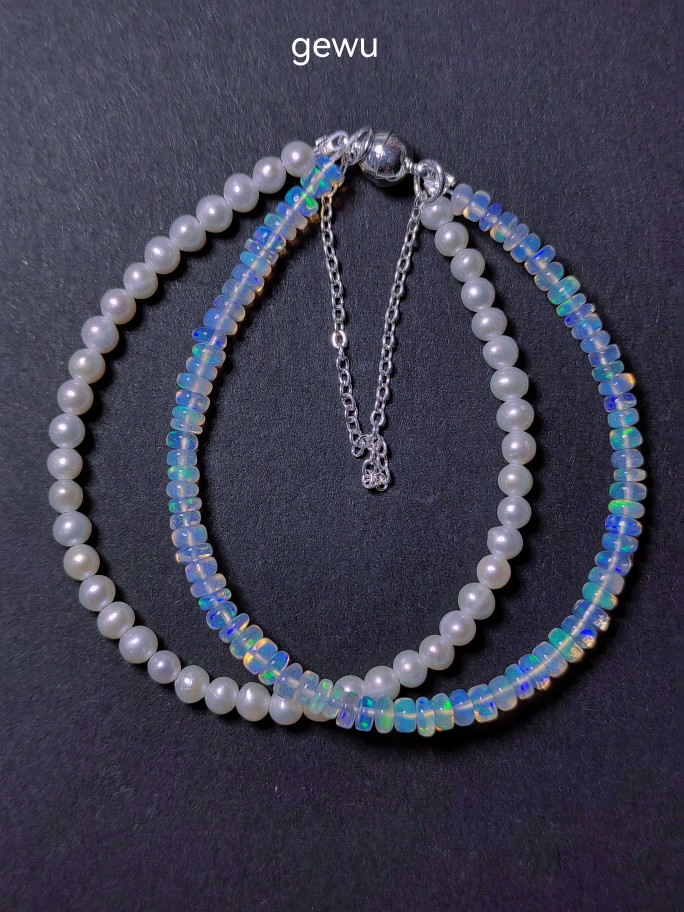 gewu《夏日晶莹》双层非洲欧泊手链天然淡水珍珠镀14k配件磁吸款