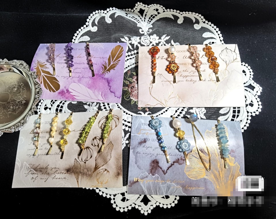 格物原创淡水珍珠发夹复古一字夹紫水晶碎石琉璃古董珠镀金边夹