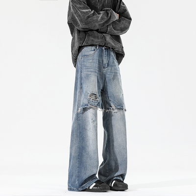 毛边破洞牛仔裤男春季美式高街痞帅宽松直筒阔腿休闲长裤子