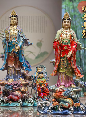 中式纯铜观音佛像金童玉女供奉