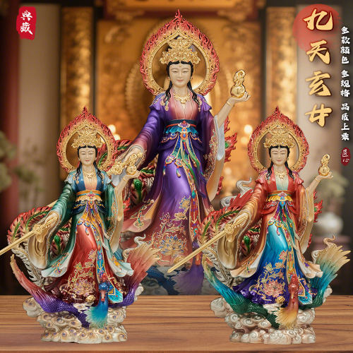 纯铜彩绘九天玄女神像供奉摆件