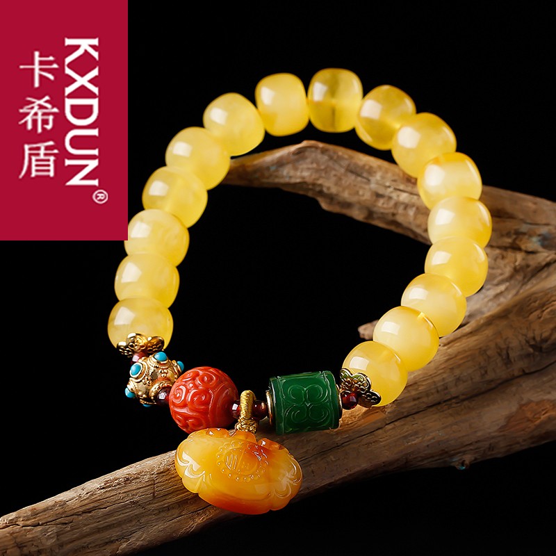 KXDUN手串琥珀原石金绞蜜正品手链女款福字平安锁配饰手饰gs0826