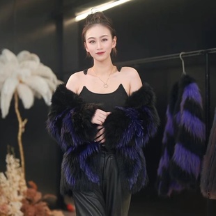 皮草外套大衣 进口芬兰银狐双面编织中长款 2025年新款 暗夜星空