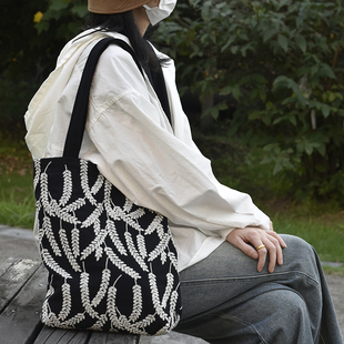 枫外原创自制新款 麦穗风 重工刺绣大容量棉麻帆布包包 单肩包女生