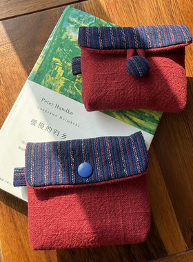 枫外原创手作 旧时光 适配华为蓝牙耳机包纯棉土布卡包零钱包