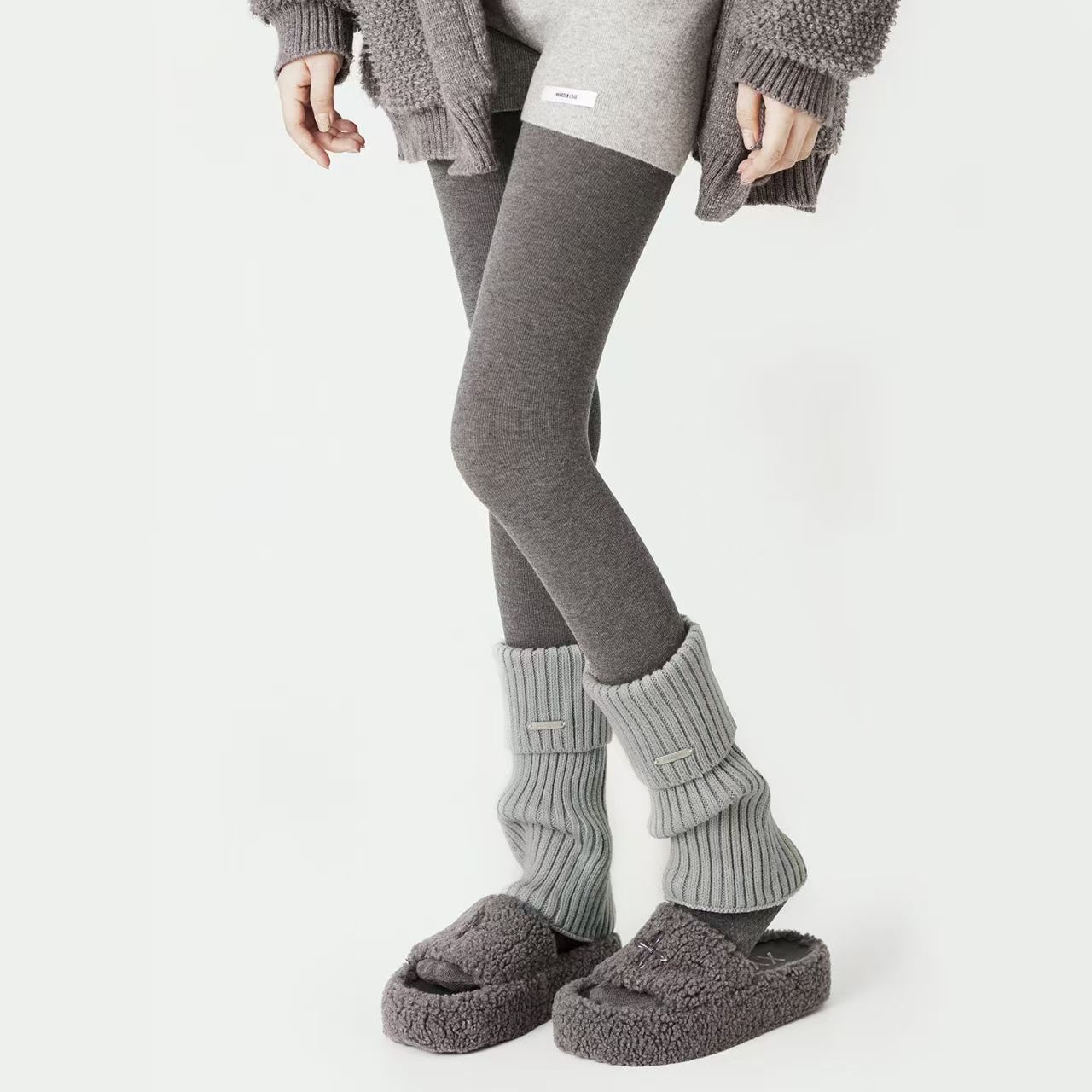 新款金属标灰色袜套女秋冬款中筒袜保暖辣妹y2k针织jk堆堆小腿套