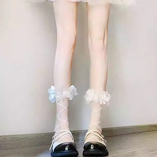薄玛丽珍短袜 甜美白色花瓣边蕾丝网格jk中筒袜子洛丽塔玻璃丝夏季