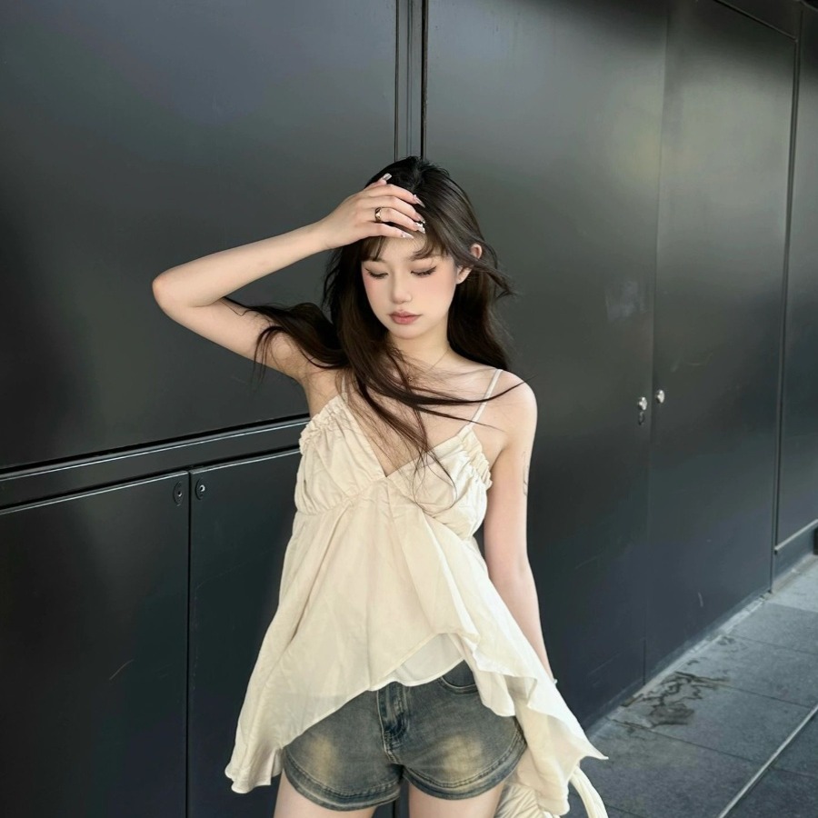 法式纯欲甜辣妹v领抹胸吊带女夏季外穿不规则高级感别致无袖上衣
