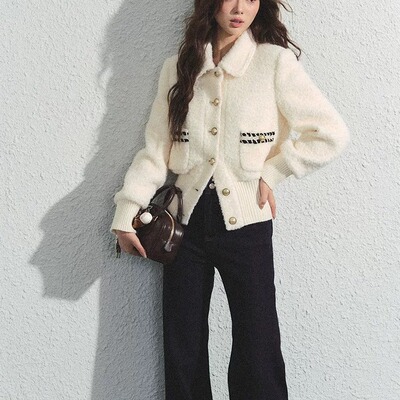 RECOIN R1C 圈圈呢翻领开春收腰小香风夹克外套女春秋季短款上衣