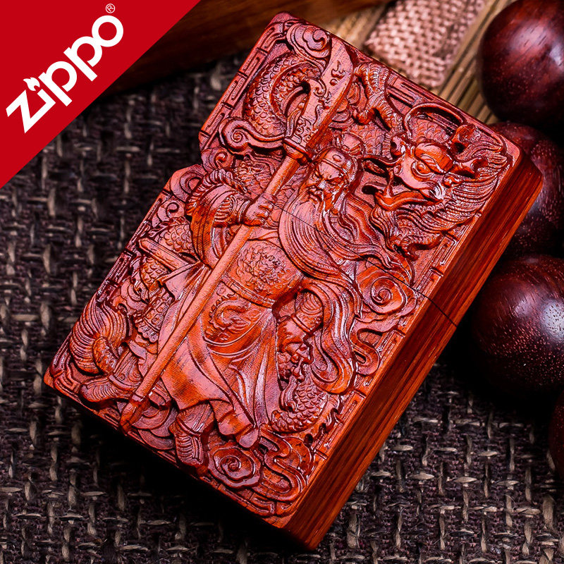 zippo打火机正版原装正品zppo男士红紫光檀关公木质火机刻字zoop