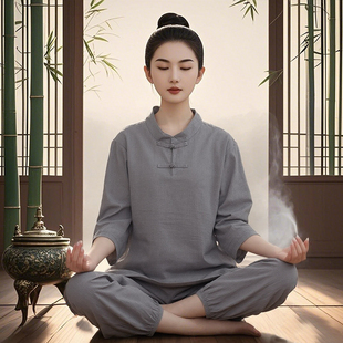 修行禅服道服女款佛系禅意拜佛素衣寺院居士服新中式打坐拜佛衣服