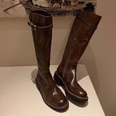 鞋 现货秒发 葡萄妈同款 水洗马皮圆头粗跟厚底增高腿直长筒骑士靴