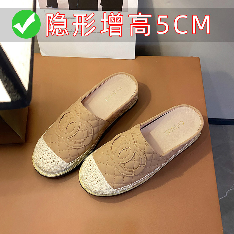 小香风渔夫鞋女夏季2025新款无后跟内增高懒人真皮外穿包头半拖鞋