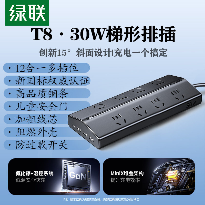 绿联T8梯形排插新国标usb插座防过载氮化镓30W多口快充8位总控开,电子/电工,接线板,淘宝优惠券,粉丝福利购,淘宝优惠卷