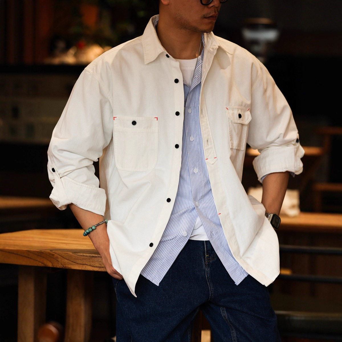 日系复古工装衬衫男宽松cityboy高密白色硬汉夹克外套秋