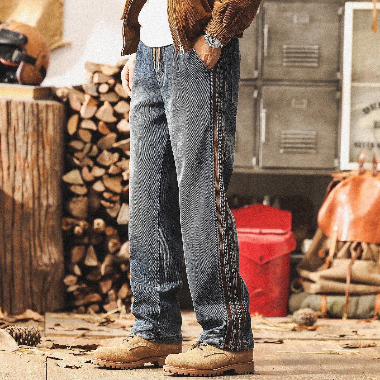 美式复古拼接牛仔裤男宽松直筒