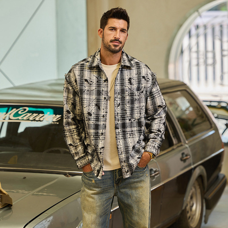 美式复古泼墨格子衬衫男装