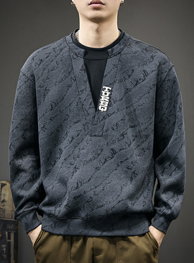 重磅400g美式潮牌假两件V领长袖卫衣男秋季新款宽松大码休闲外套