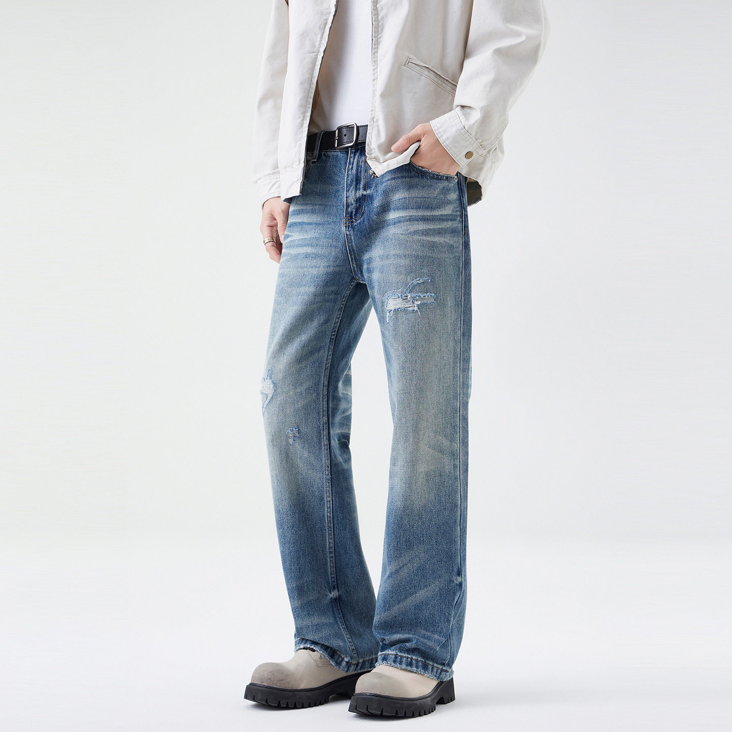 扎花做旧破洞牛仔裤男宽松长裤