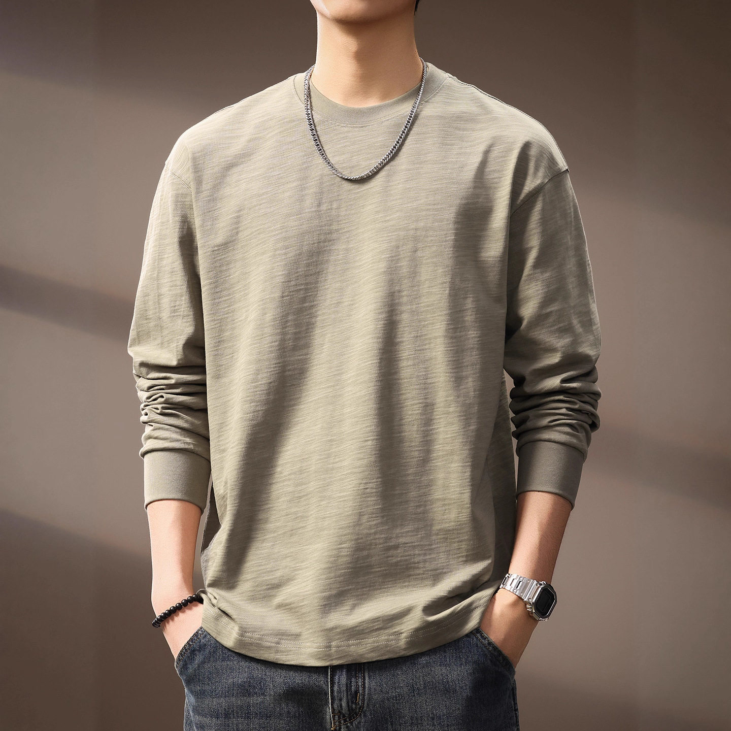 高端280g重磅竹节棉水洗T恤男秋季新款潮牌纯色简约宽松长袖上衣