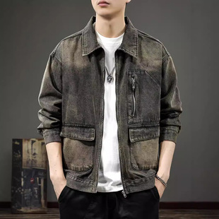 水洗做旧工装 新款 夹克上衣 痞帅废土风翻领牛仔外套男2024秋季 美式