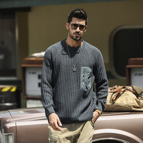 美式复古7针拼接男士毛衣