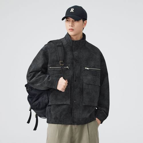 春秋季新款皮衣外套男士日系复古宽松工装立领多口袋潮流百搭