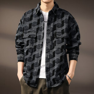 新款 高端美式 男宽松2025秋季 牛仔衬衫 休闲衬衣外套男 重磅复古长袖