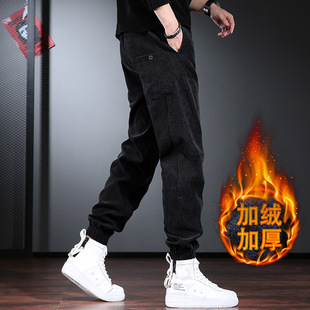 高级感休闲裤男2024秋冬款宽松抽绳束脚裤大码灯芯绒加绒加厚男裤