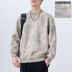 休闲上衣男装 美式 春秋季 专柜高级感复古轧染印花重磅圆领卫衣男款