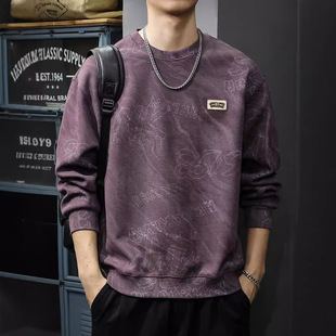 打底衫 美式 复古云染外套潮牌重磅宽松长袖 新款 高街提花卫衣男秋季